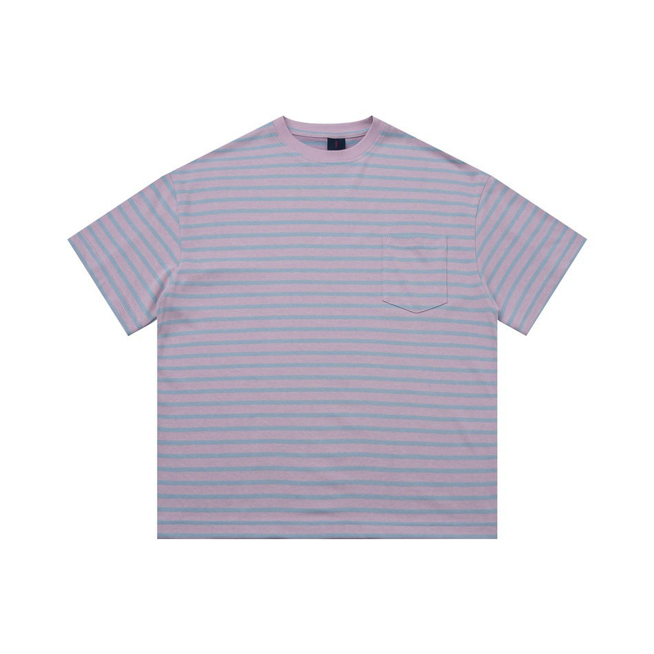Pink and light blue striped short-sleeve T-shirt with chest pocket, flat front view