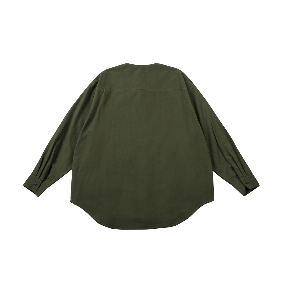 Army green collarless long-sleeve shirt laid flat, back view with yoke seam and buttoned cuffs