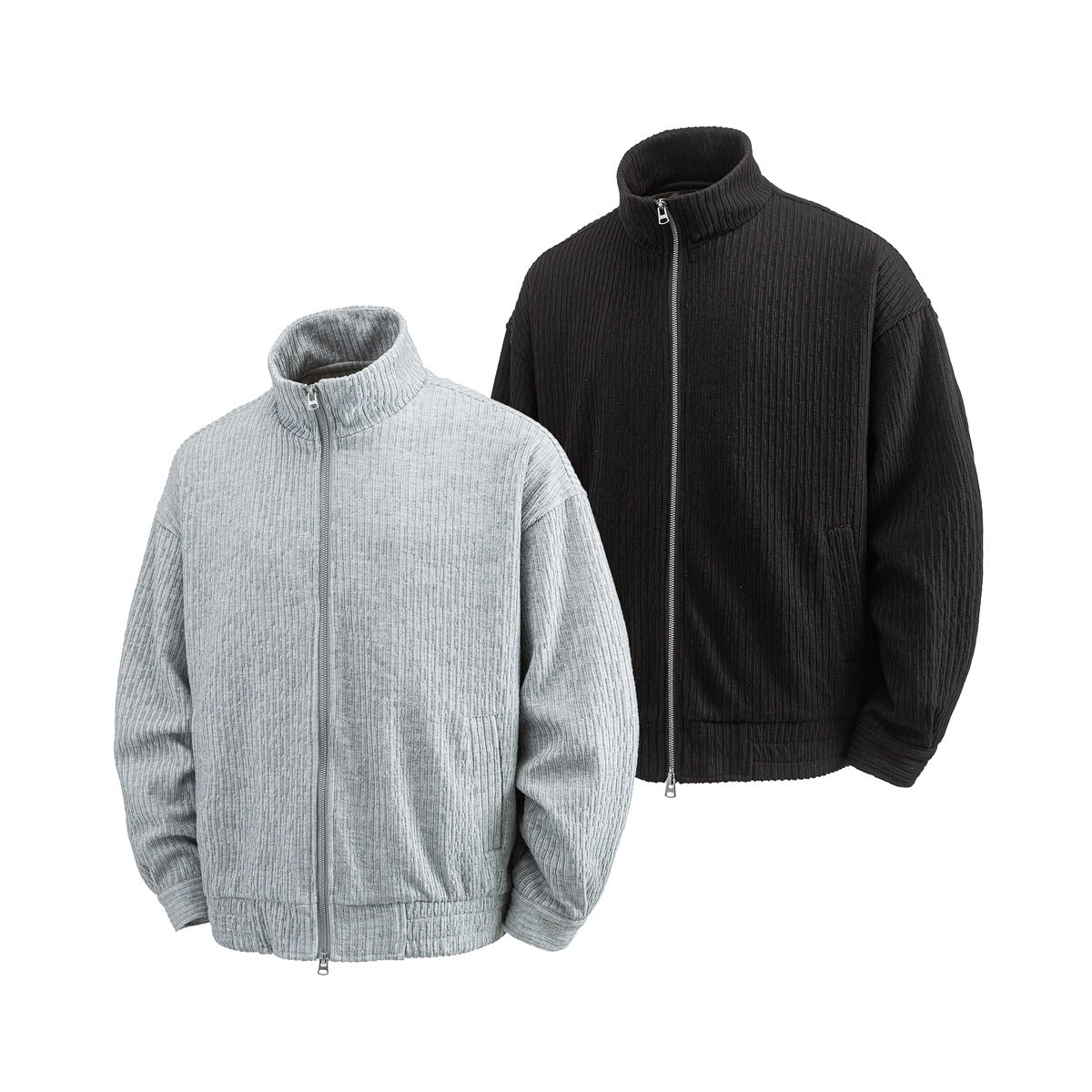 Front views of a light gray and a black ribbed zip-up jacket with high collars and long sleeves.
