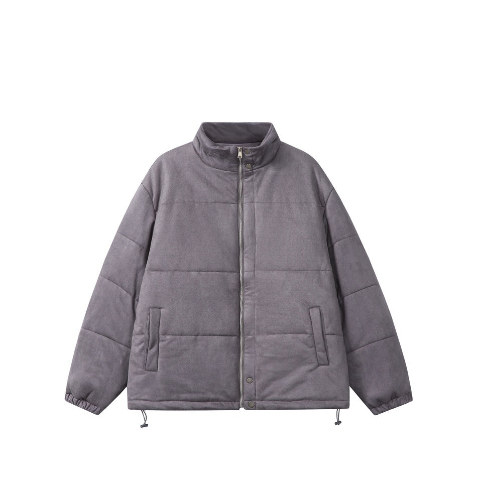 Gray quilted stand-collar jacket with front zipper, snap placket, front pockets and hem drawcords on a white background