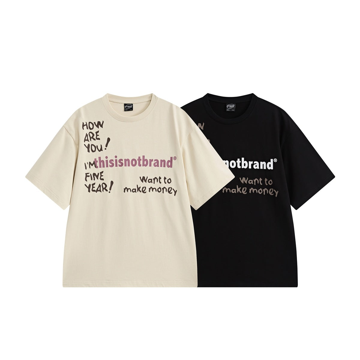 Cream and black oversized short-sleeve T-shirts shown from the front, both with playful text prints.