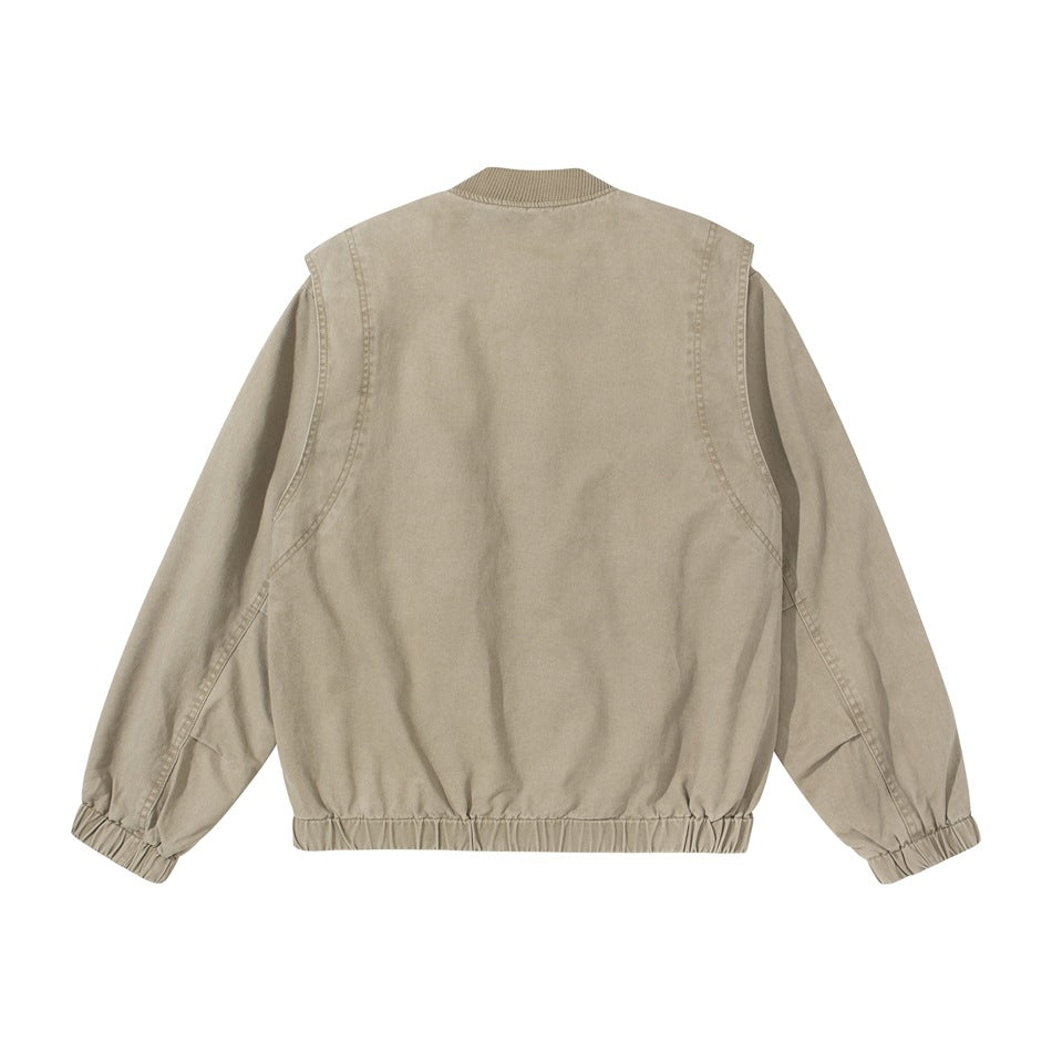 Light khaki bomber-style jacket flat lay, back view, with ribbed collar, seam panels and elastic hem and cuffs