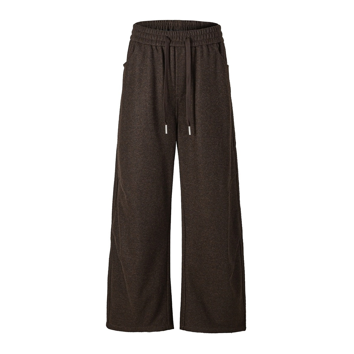 Brown wide-leg drawstring pants with elastic waist, flat lay front view