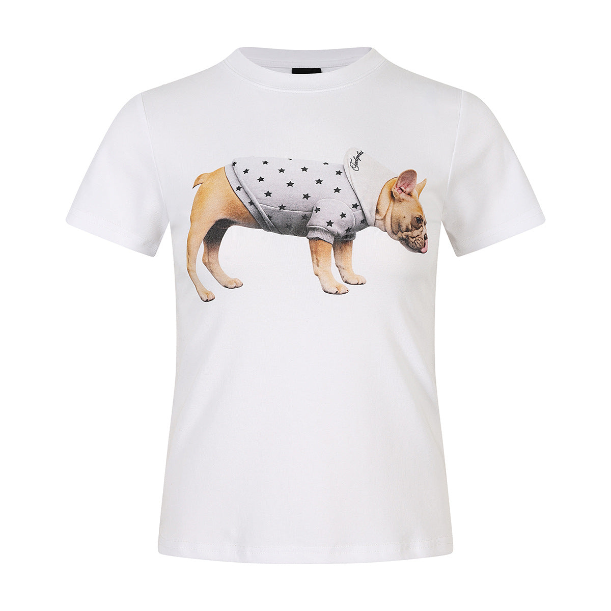 White crew-neck short-sleeve T-shirt with a printed French bulldog in a star-print hoodie on the front