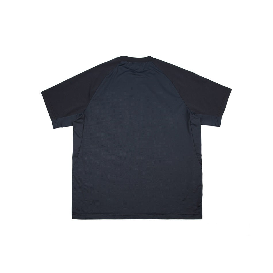Back view of a dark navy short-sleeve raglan shirt with slightly darker sleeves and contrasting side panels.
