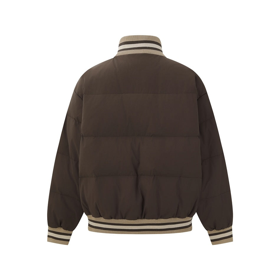 Back view of a dark brown quilted jacket with beige and dark striped ribbed collar, cuffs, and hem.