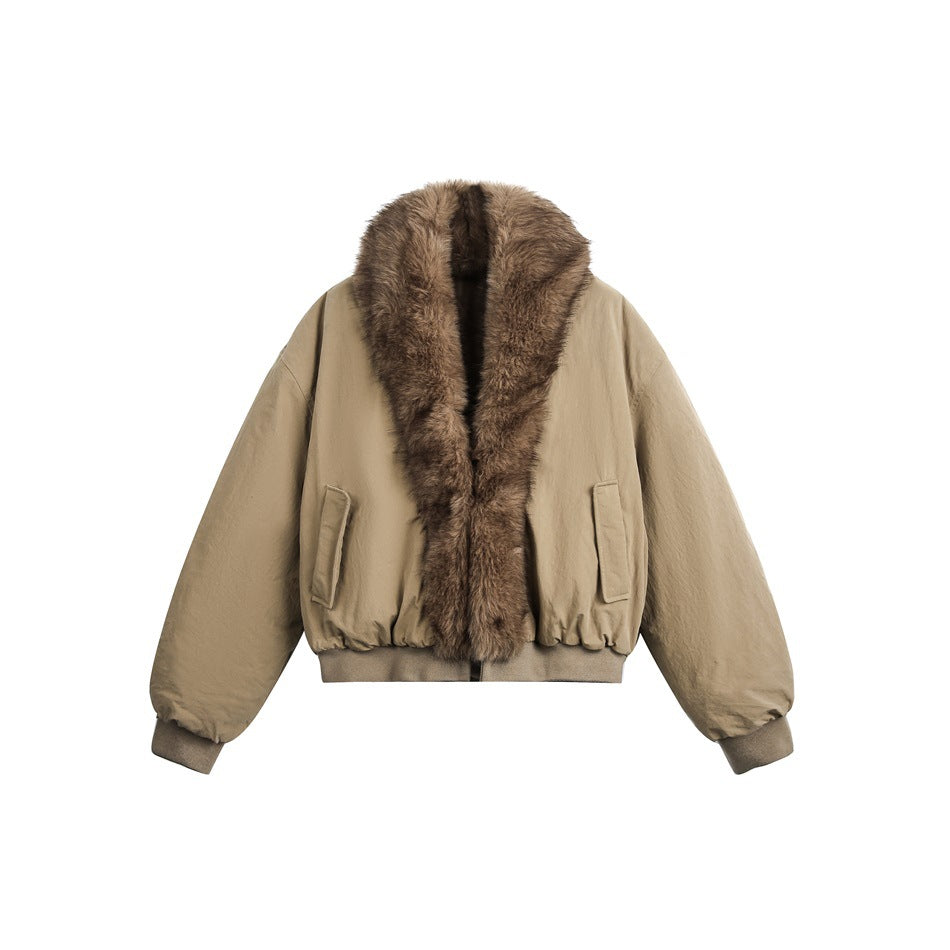 Khaki cropped bomber jacket with brown faux-fur shawl collar, ribbed cuffs and hem, and flap pockets, flat front view