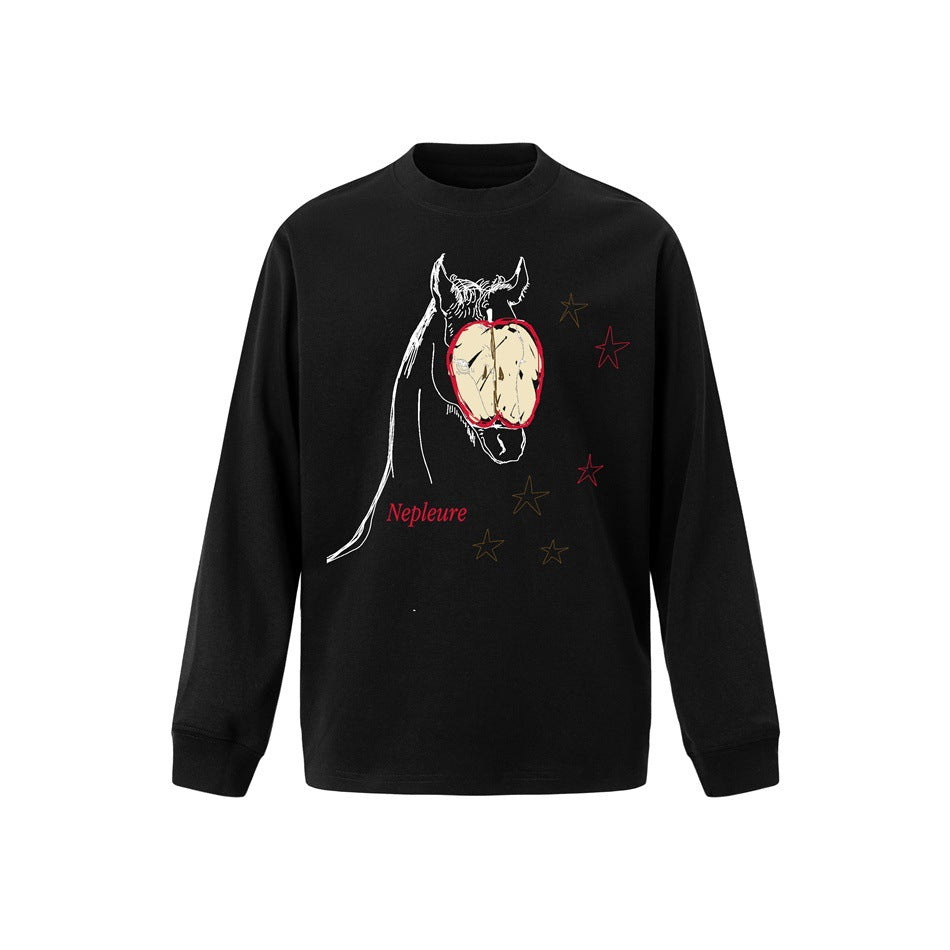 Black long-sleeve top with a white-line horse and red apple graphic, stars and red script text on the front