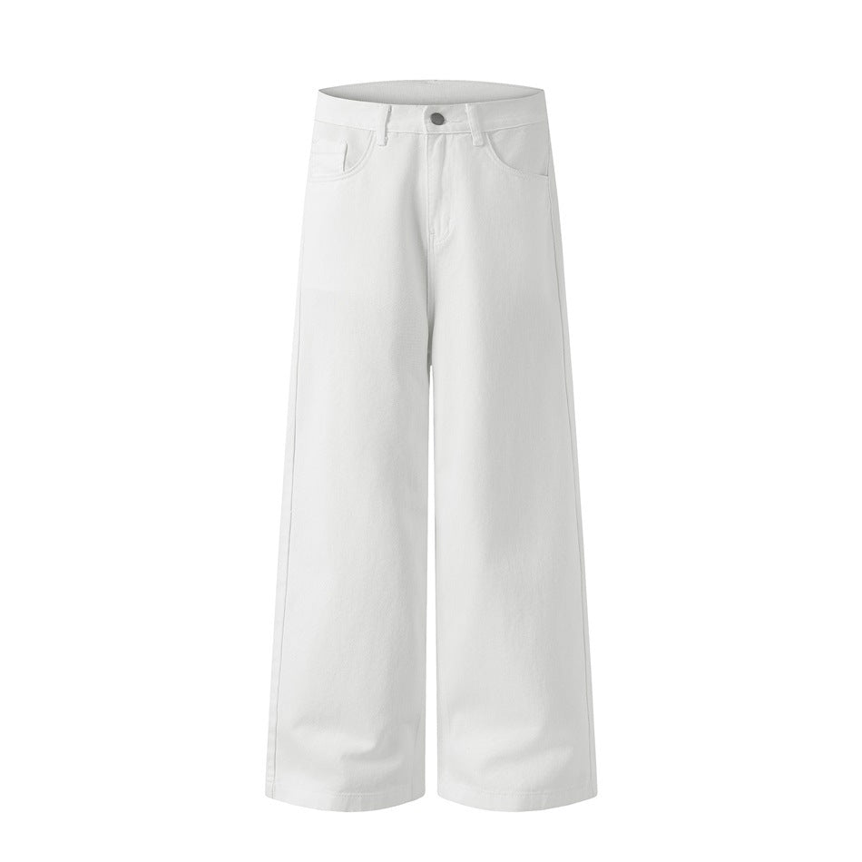 White wide-leg pants shown flat from the front with zip fly, metal button, belt loops and front pockets