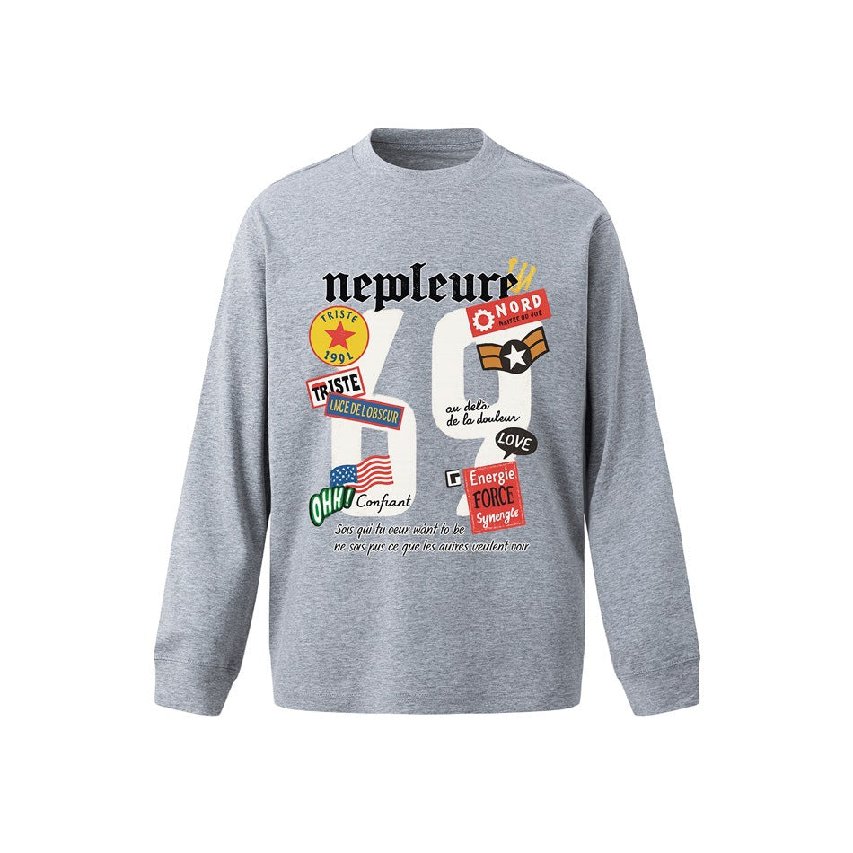 Heather gray long-sleeve crew-neck top with large '69' graphic and colorful badge prints on the front