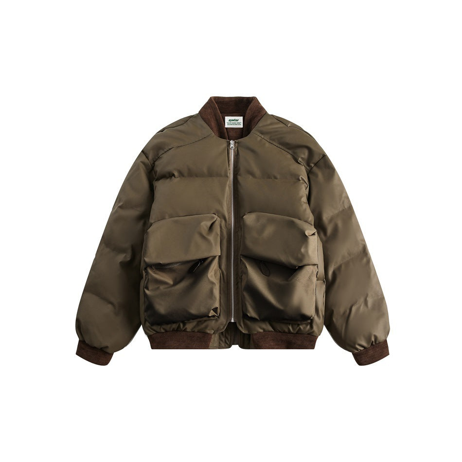 Olive-brown puffed zip-front bomber jacket with dark brown ribbed collar, cuffs and hem and two large flap pockets