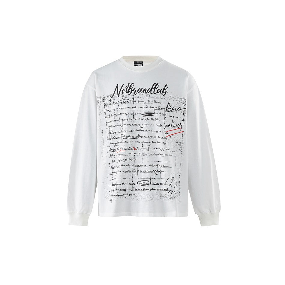 White long-sleeve crewneck tee with a distressed handwritten-text graphic and red accents on the front