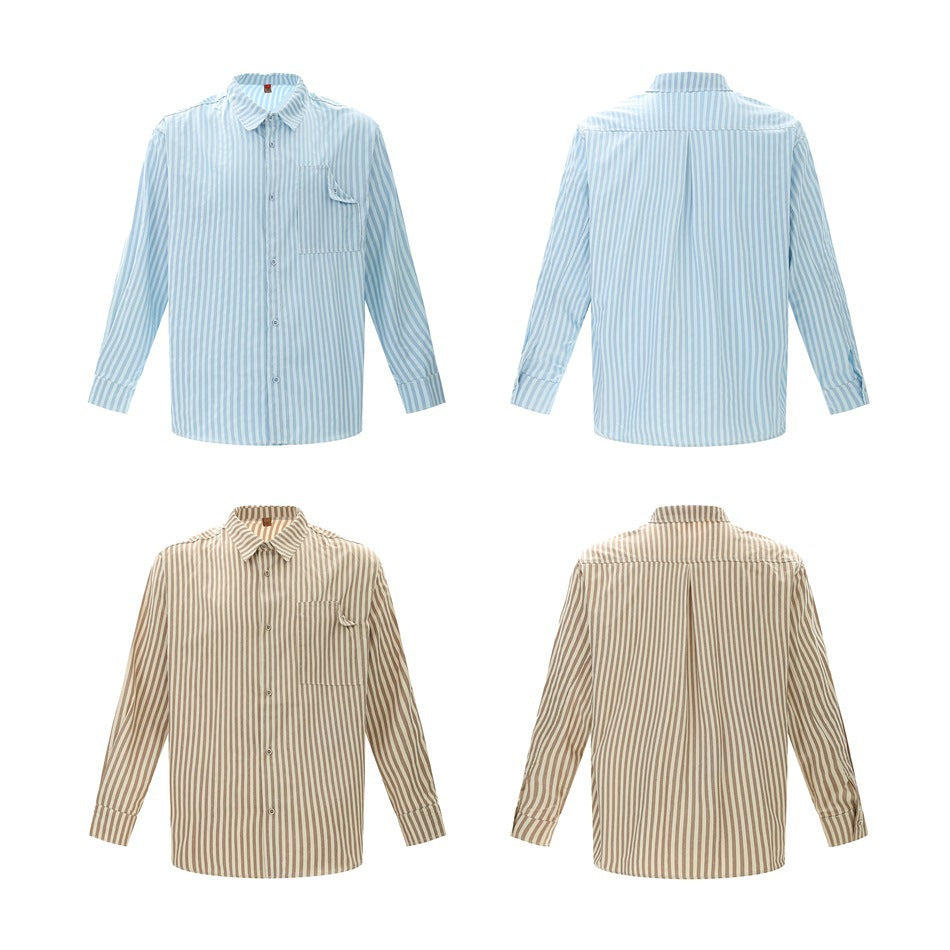 Blue-and-white and beige-and-white striped shirts shown from the front and back.