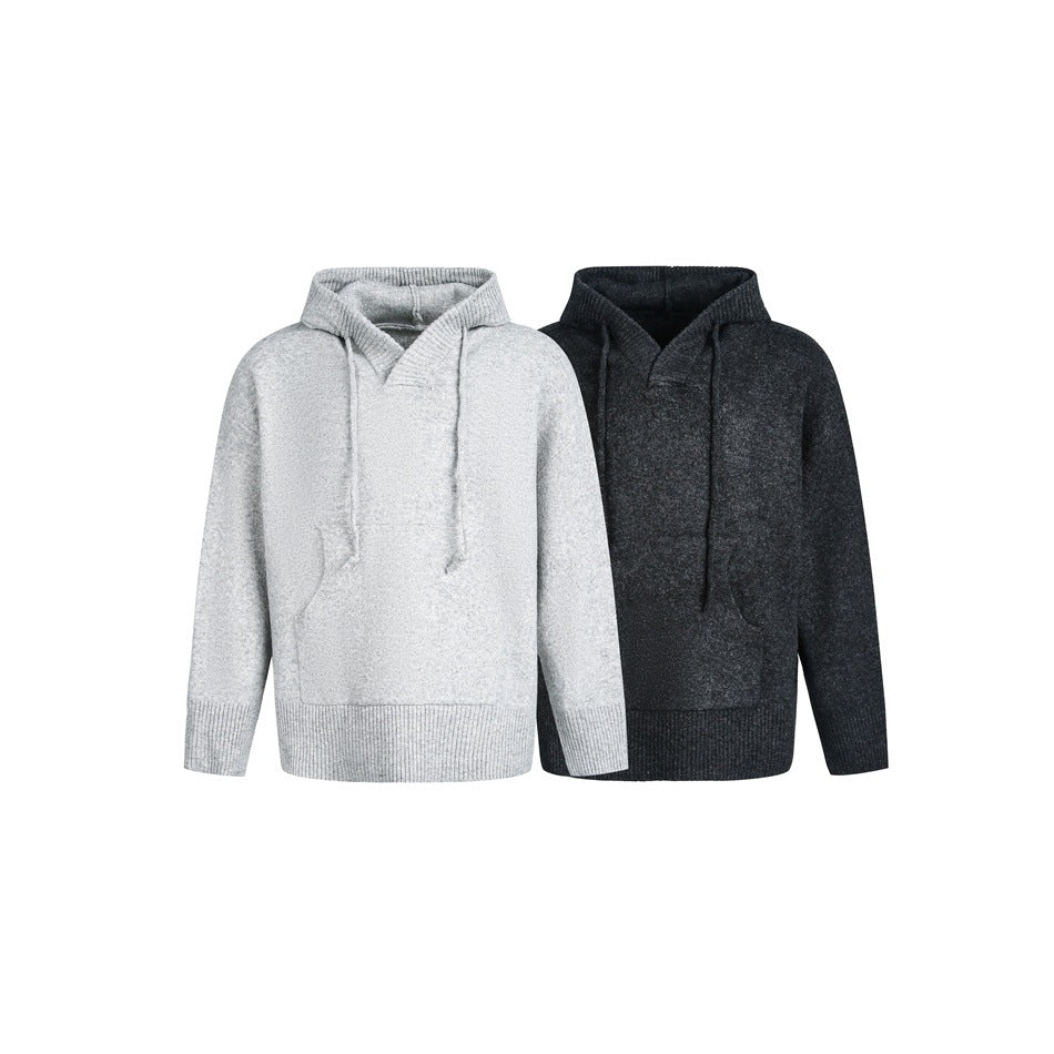 Front view of two hooded sweaters, one light gray and one charcoal, with drawstrings and ribbed hems.
