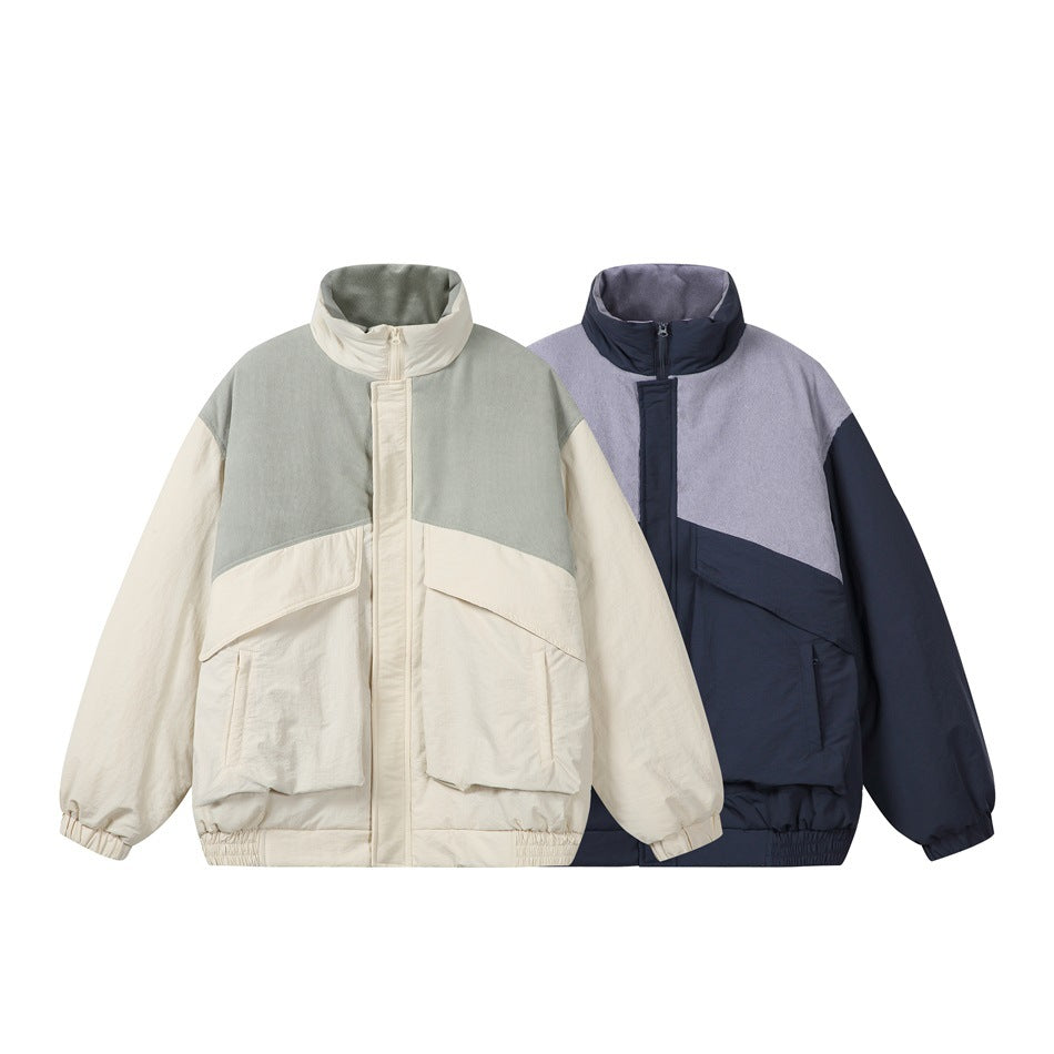 Two front views of color-blocked zip jackets: sage and cream, and lavender and navy.