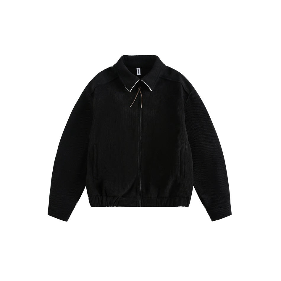 Black ribbed corduroy-style zip jacket with pointed collar, side pockets and elastic hem, flat front view