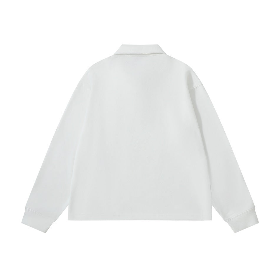 Back view of a plain white long-sleeve collared shirt.