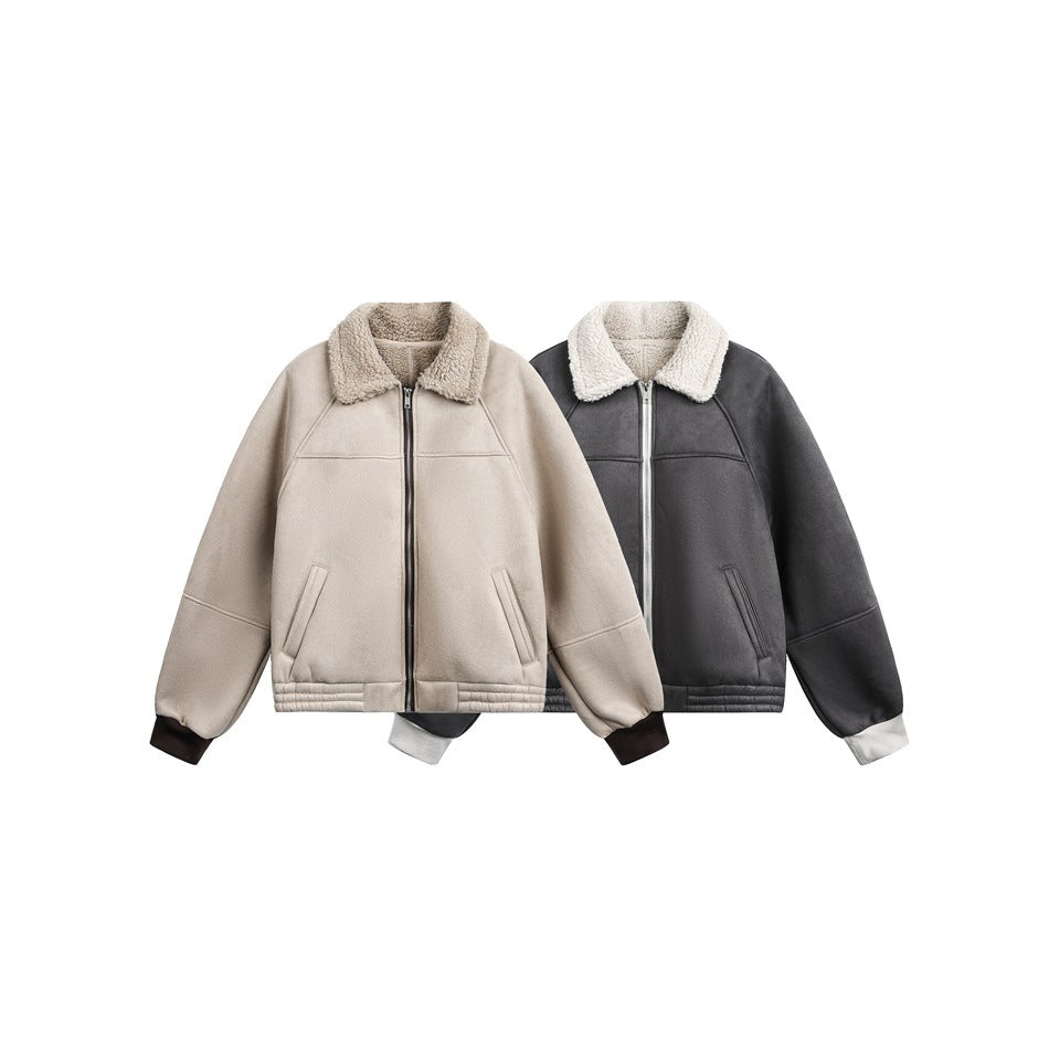 Two front-view zip jackets shown together: light taupe with a brown collar and cuffs, and charcoal with a cream collar.