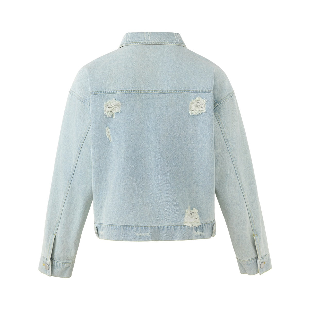 Back view of a light-wash denim jacket with several frayed distressed patches and long sleeves.
