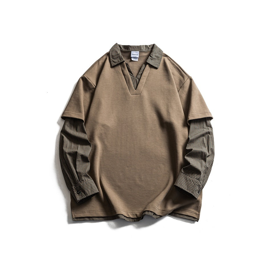 Khaki-brown faux two-piece V-neck top with olive plaid collar, long sleeves and hem trim, flat lay