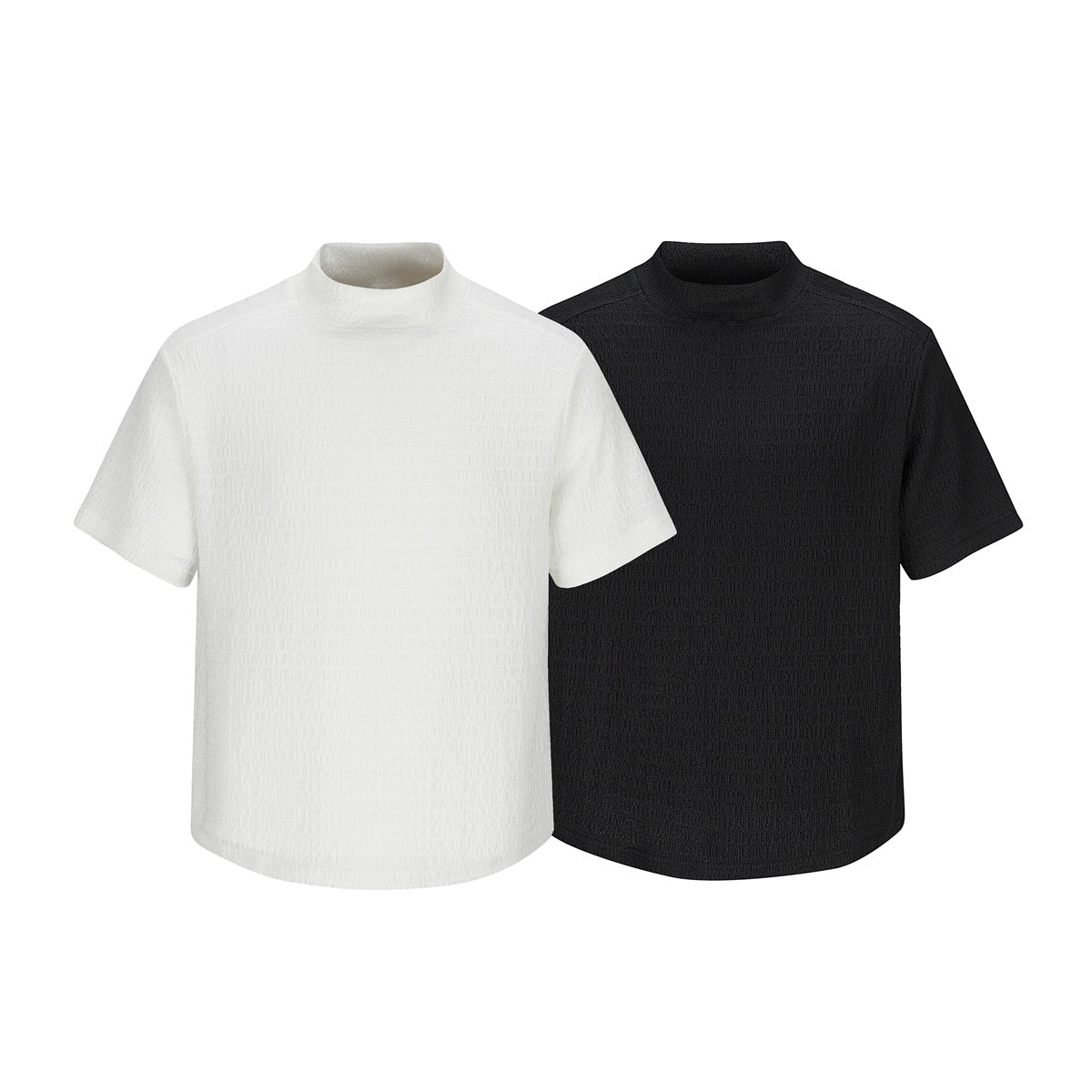 White and black short-sleeve mock-neck shirts shown from the front.
