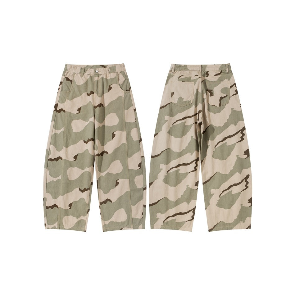 Full-length views of beige, olive, and brown camouflage pants, showing the front and back.