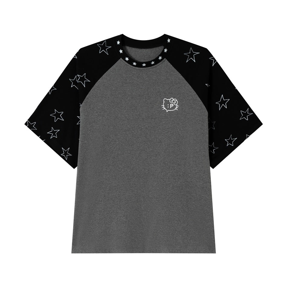 Gray raglan T-shirt with black star-print sleeves, star collar band and small white cat-face outline on chest