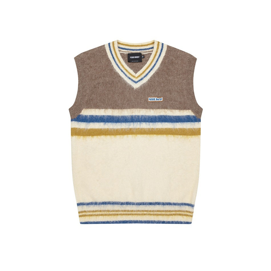 Brown and cream striped V-neck knit sweater vest with blue and mustard stripes, flat lay front view
