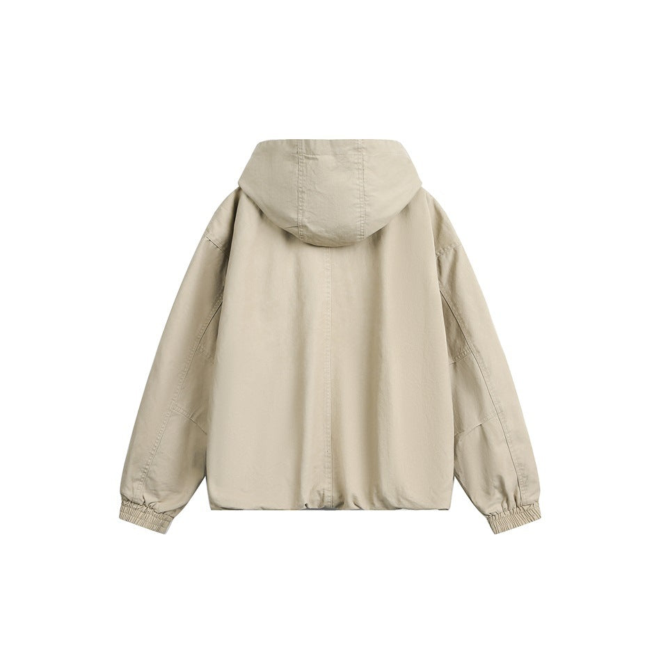 Back view of a beige hooded jacket with a plain back and gathered elastic cuffs.