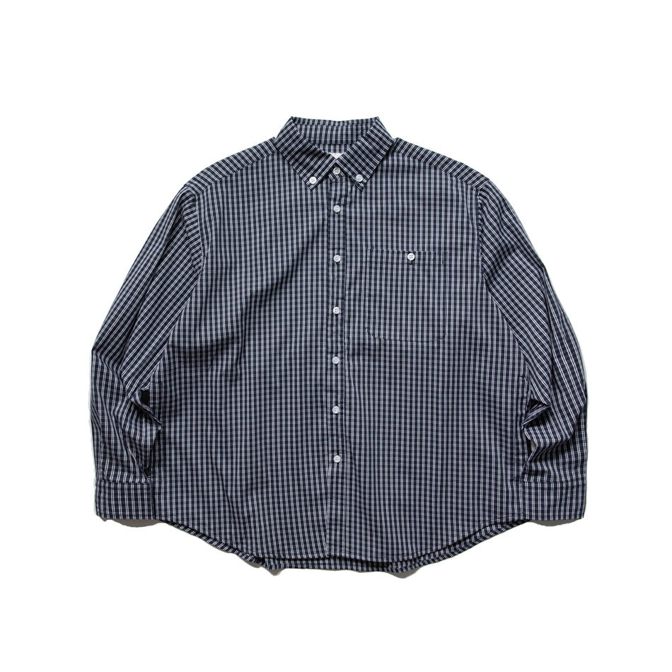 Dark navy button-down shirt with white check pattern, chest pocket and curved hem, flat lay front view