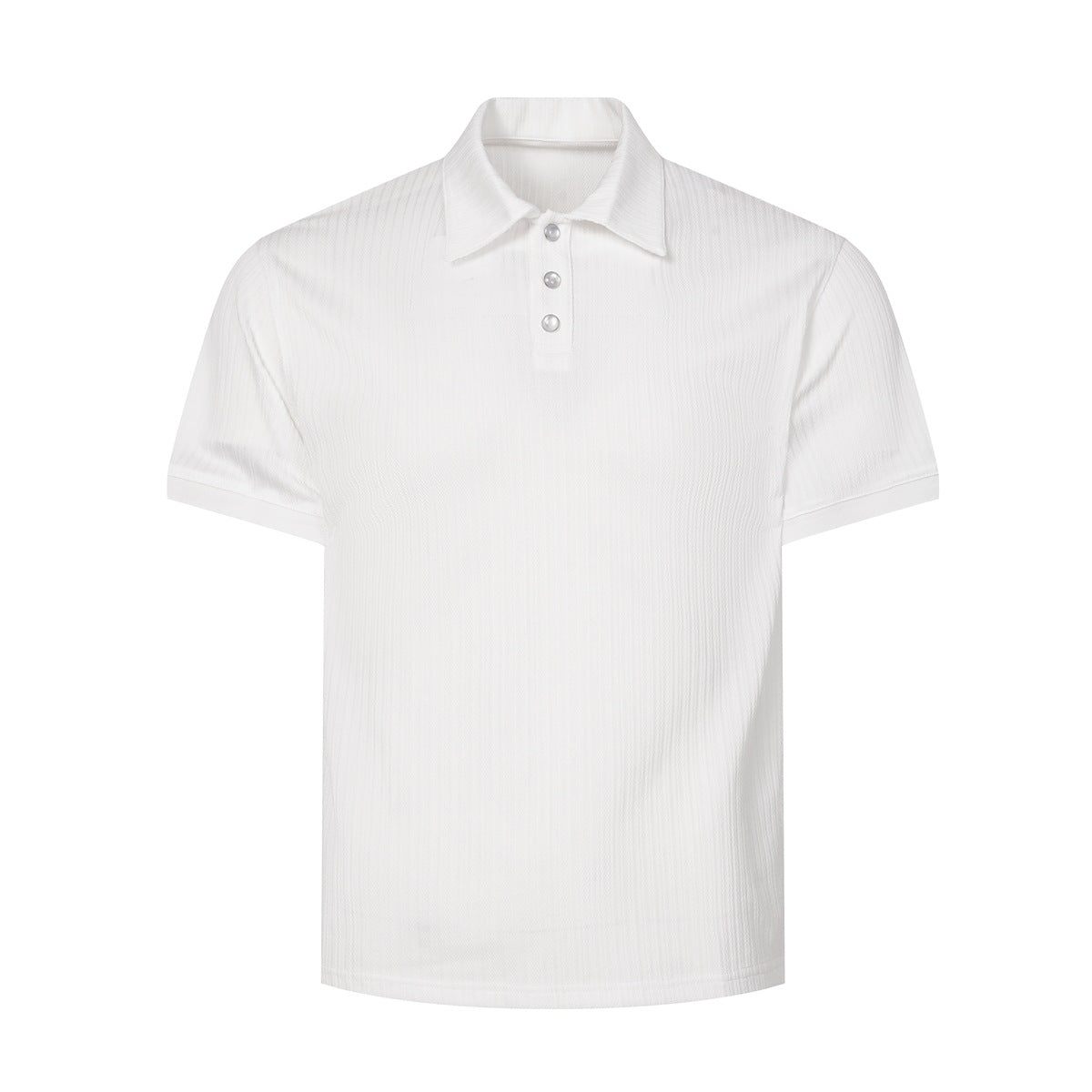 Off-white short-sleeve polo shirt with ribbed texture, collar and three buttons, front flat view
