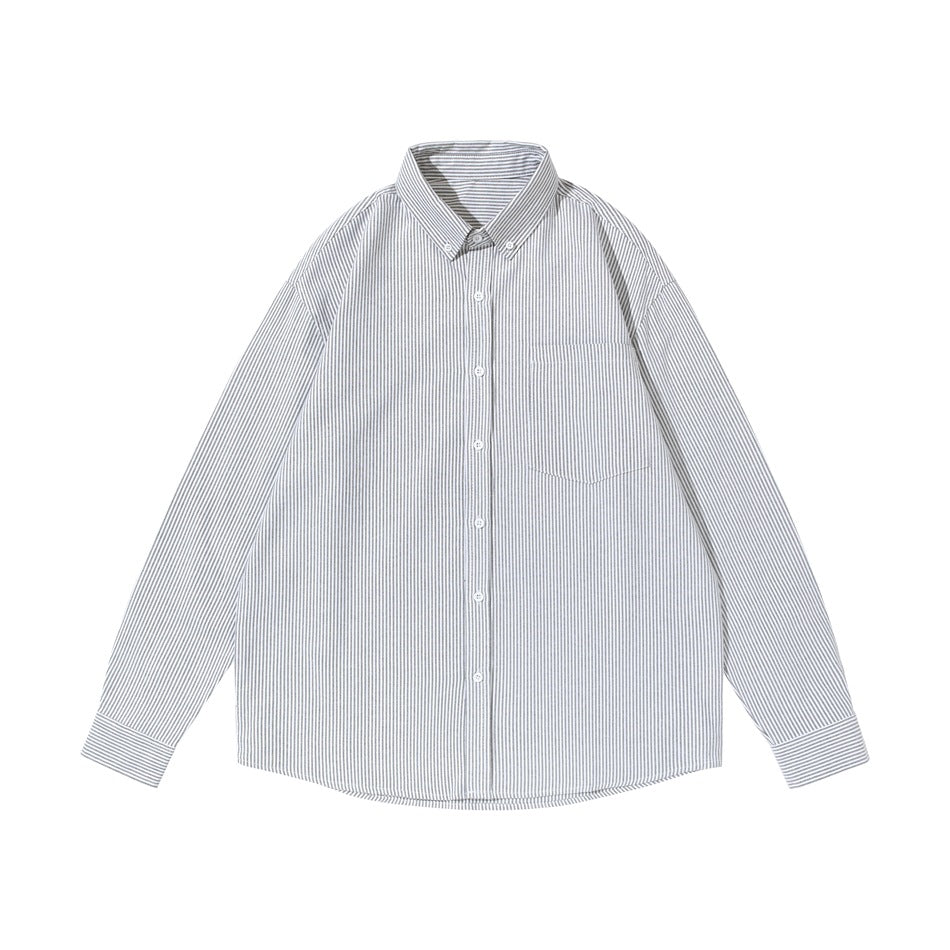 Front view of a white button-down shirt with fine gray vertical stripes, a chest pocket, and long sleeves.