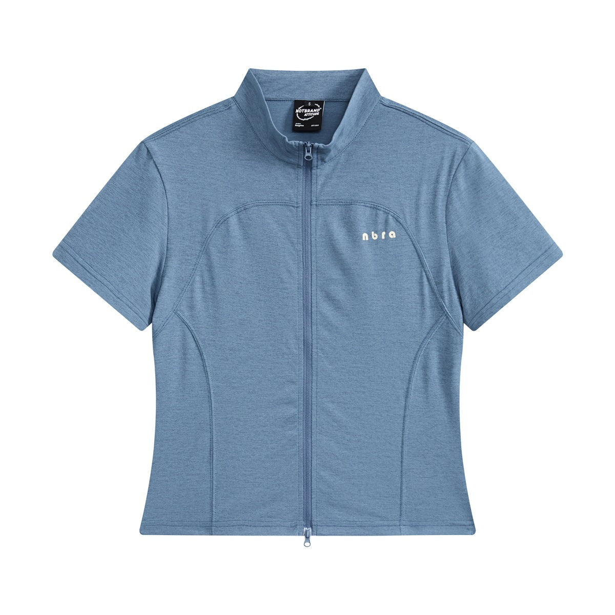 Blue heathered short-sleeve zip-front top with stand collar and curved seams, flat lay front view