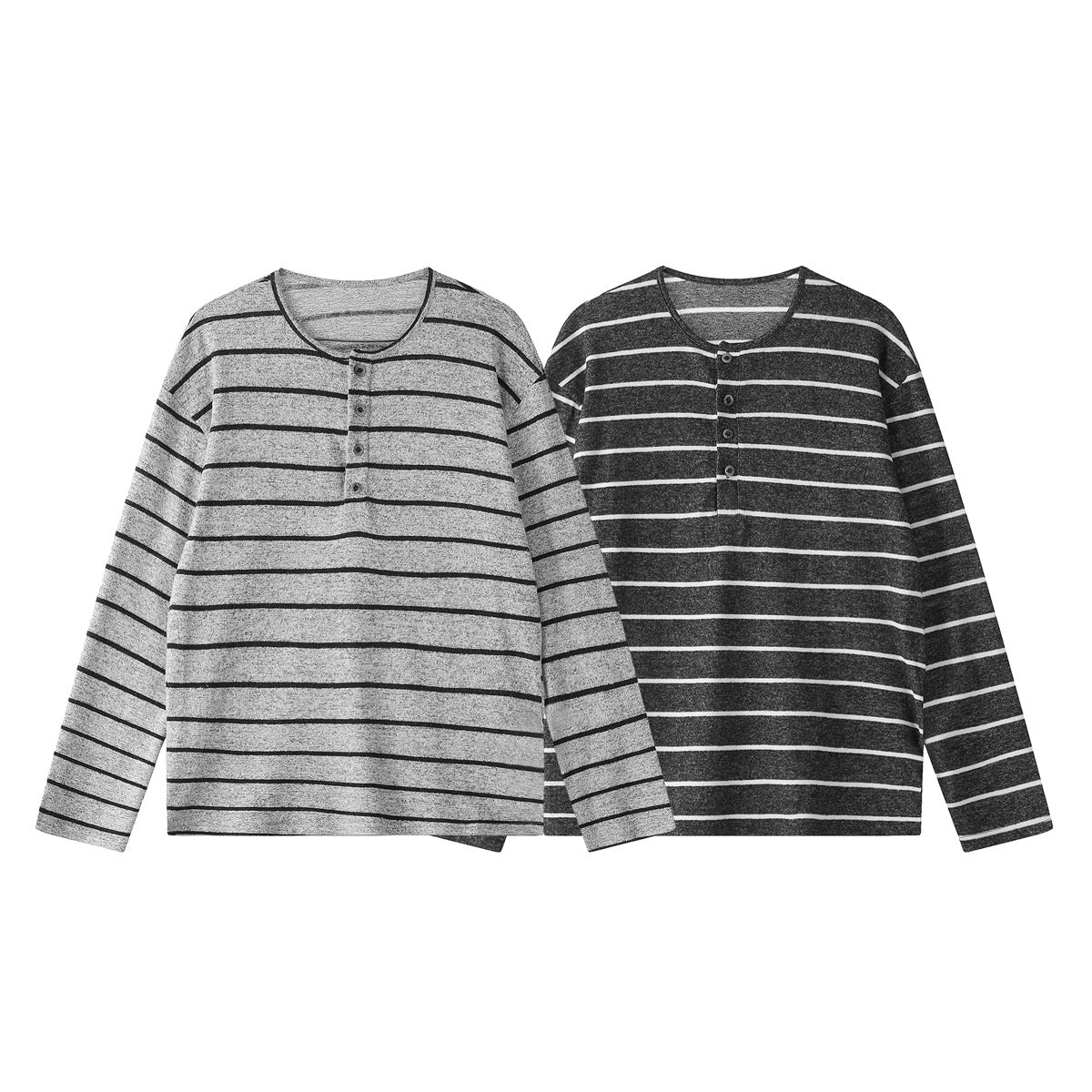 Two long-sleeve striped Henley shirts shown side by side: light gray with black stripes and charcoal with light stripes.
