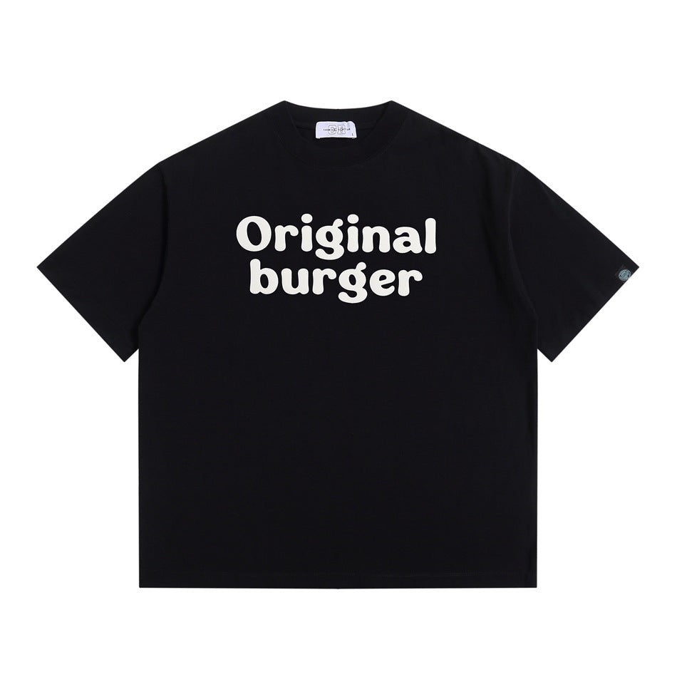 Black short-sleeve crew neck T-shirt with cream "Original burger" bubble lettering on the chest, flat lay