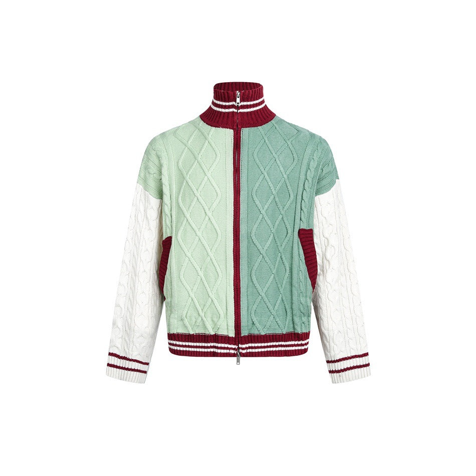 Front of green color-block cable-knit zip cardigan with burgundy collar, white sleeves and striped trim