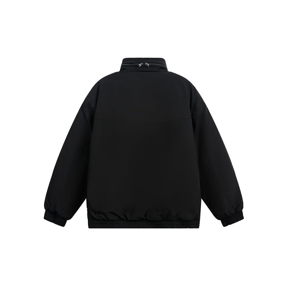 Back view of a black jacket with a high collar, long sleeves, and elasticated cuffs and hem.