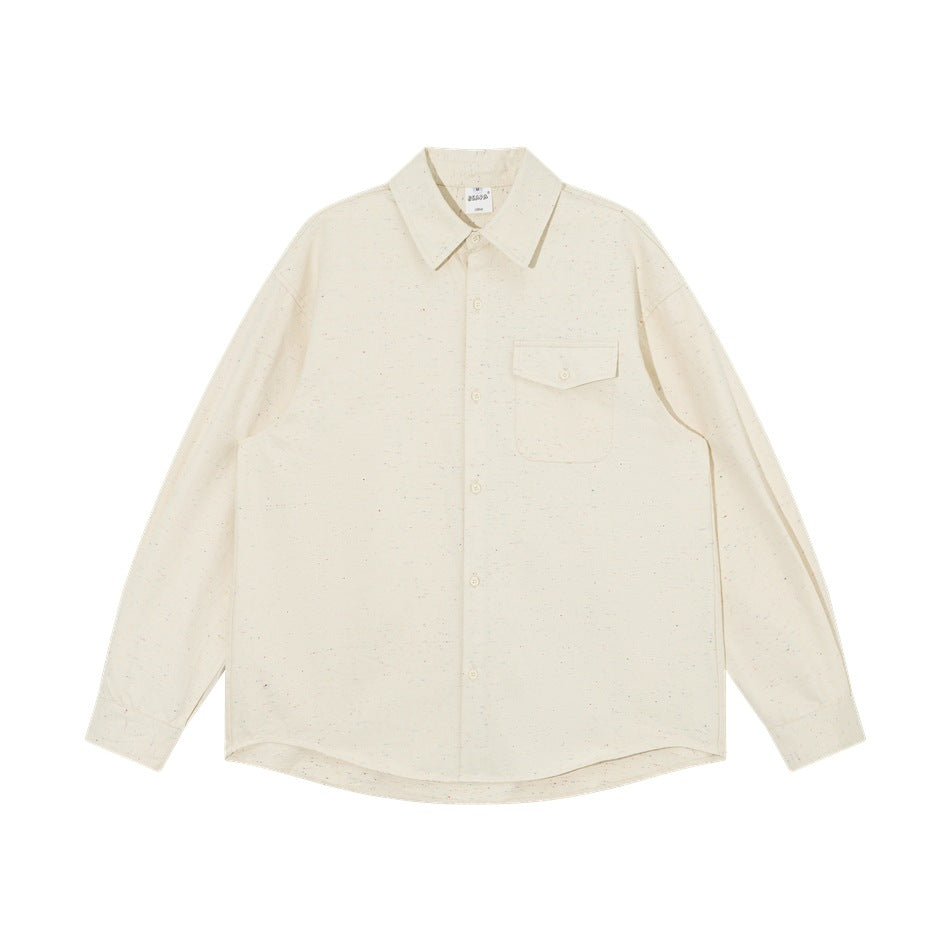 Beige speckled long-sleeve button-up shirt with chest flap pocket, flat lay front view