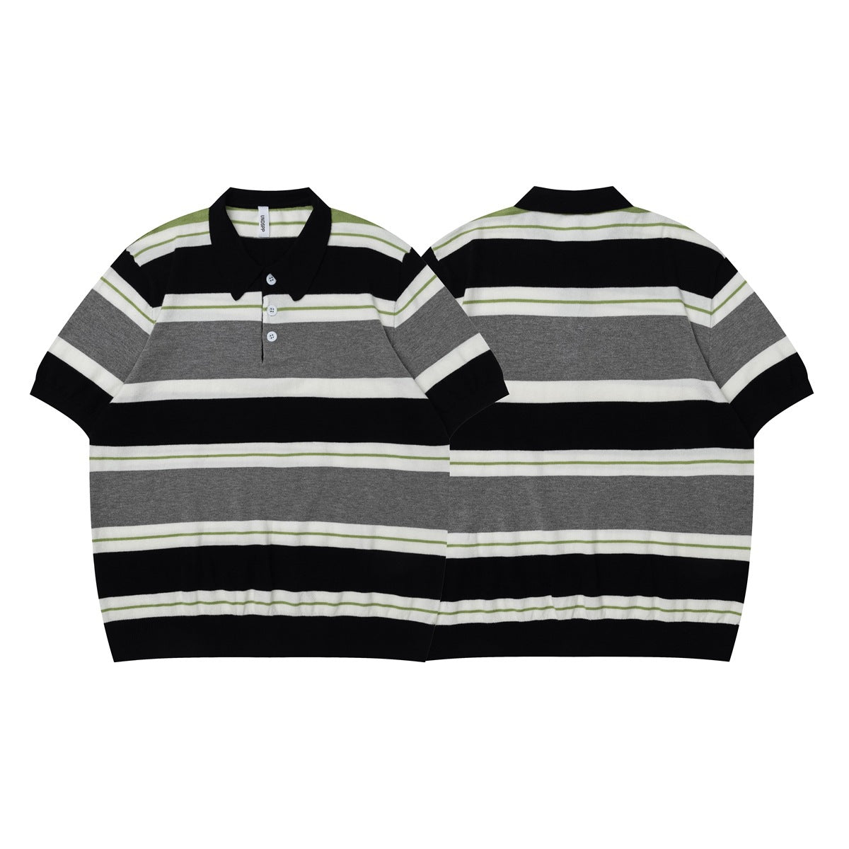 Front and back views of a short-sleeve polo with black, gray, white, and thin green horizontal stripes.
