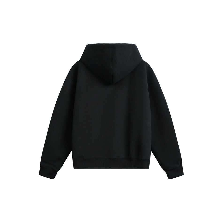 Back view of black hoodie with plain hood, dropped shoulders and ribbed cuffs and hem