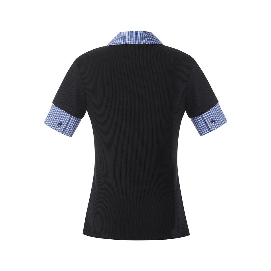 Back product view of a black ribbed short-sleeve polo with a blue check collar and turned-back sleeve cuffs.