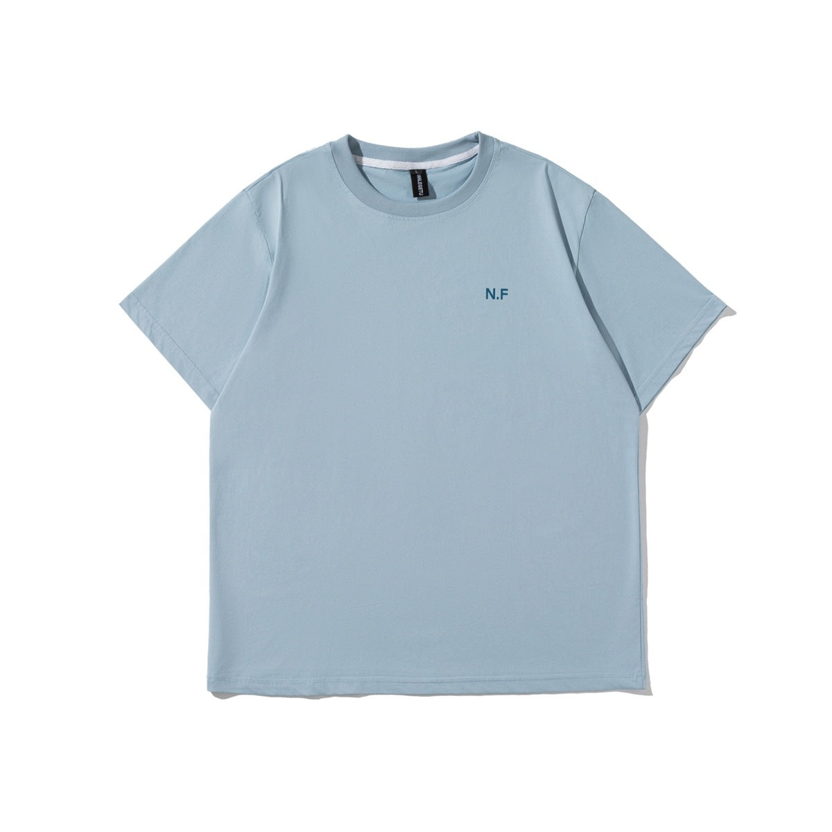 Front view of a light blue short-sleeve crew-neck T-shirt with a small N.F chest print.