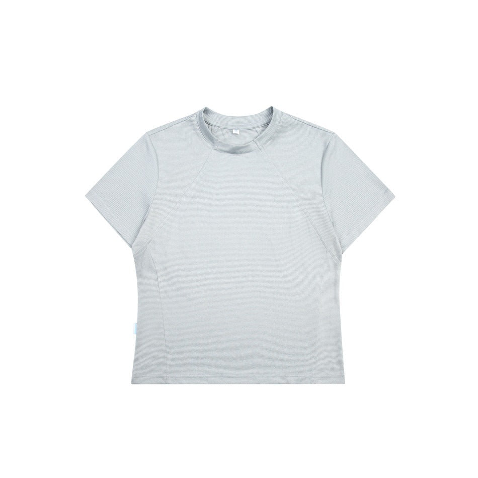 Front view of a pale gray short-sleeve crew-neck shirt with fine horizontal texture and curved seam panels.