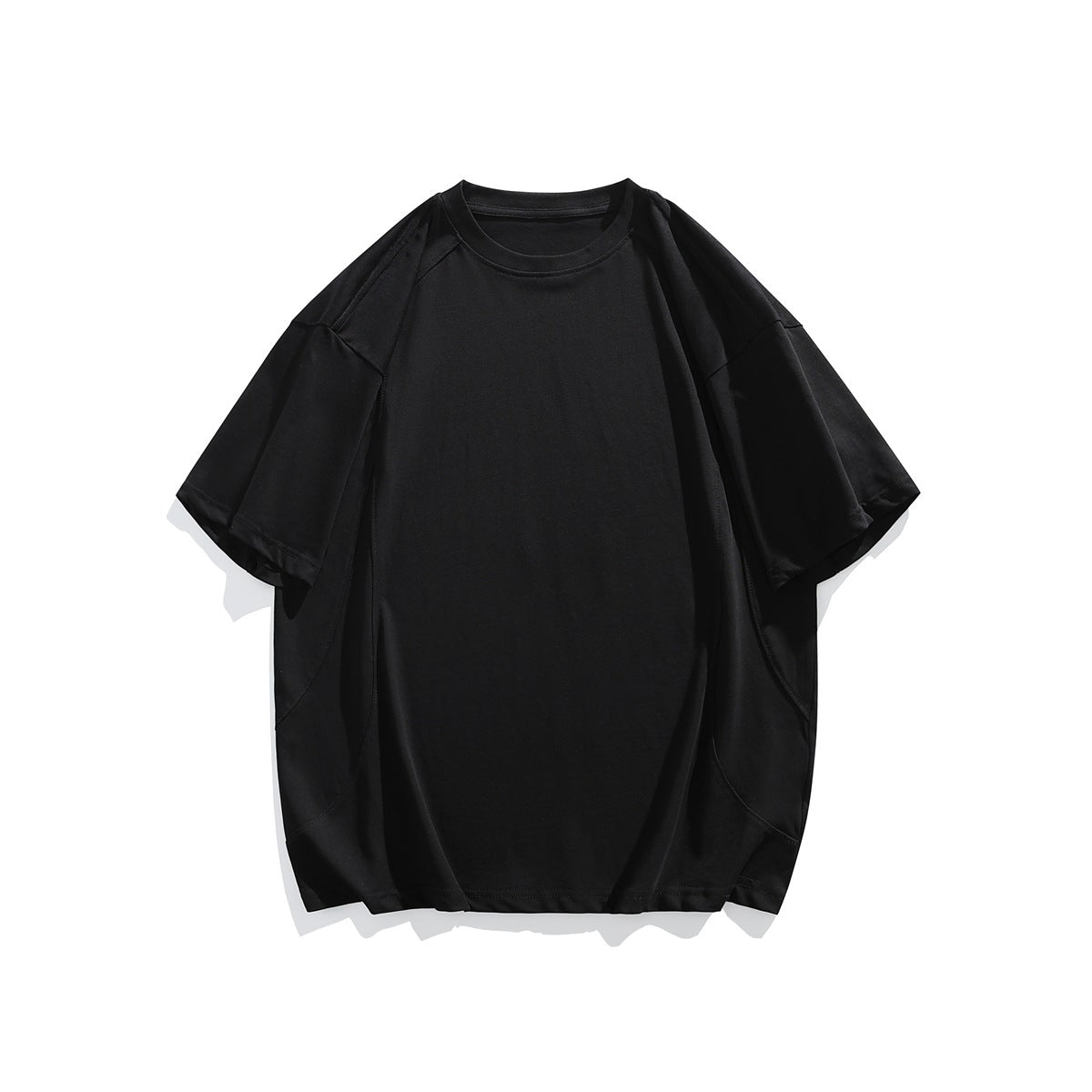 Black short-sleeve crew neck T-shirt flat lay, front view, with raglan-style shoulder seams and curved side seams