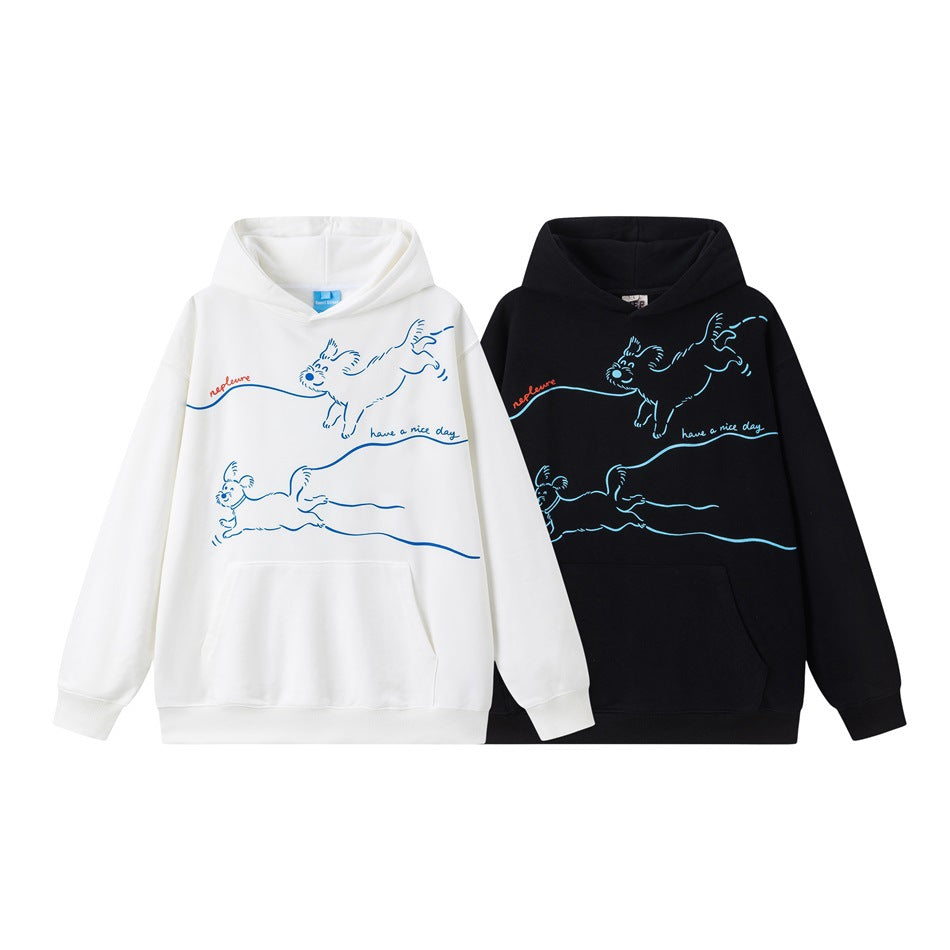 White and black pullover hoodies with running-animal line art and front kangaroo pockets.