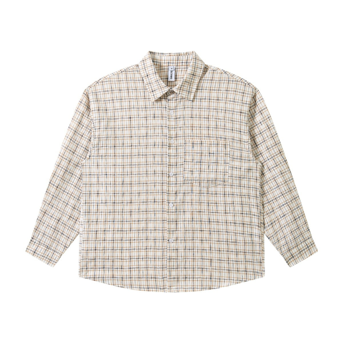 Beige and cream checked long-sleeve button-up shirt with chest pocket, flat front view
