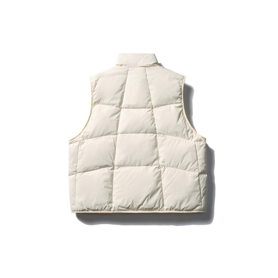 Back view of an ivory quilted sleeveless puffer vest with a raised collar on a white background.