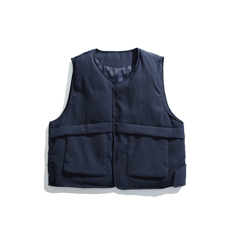 Front of a dark navy sleeveless vest with a V-neck, front closure, and two large lower pockets.