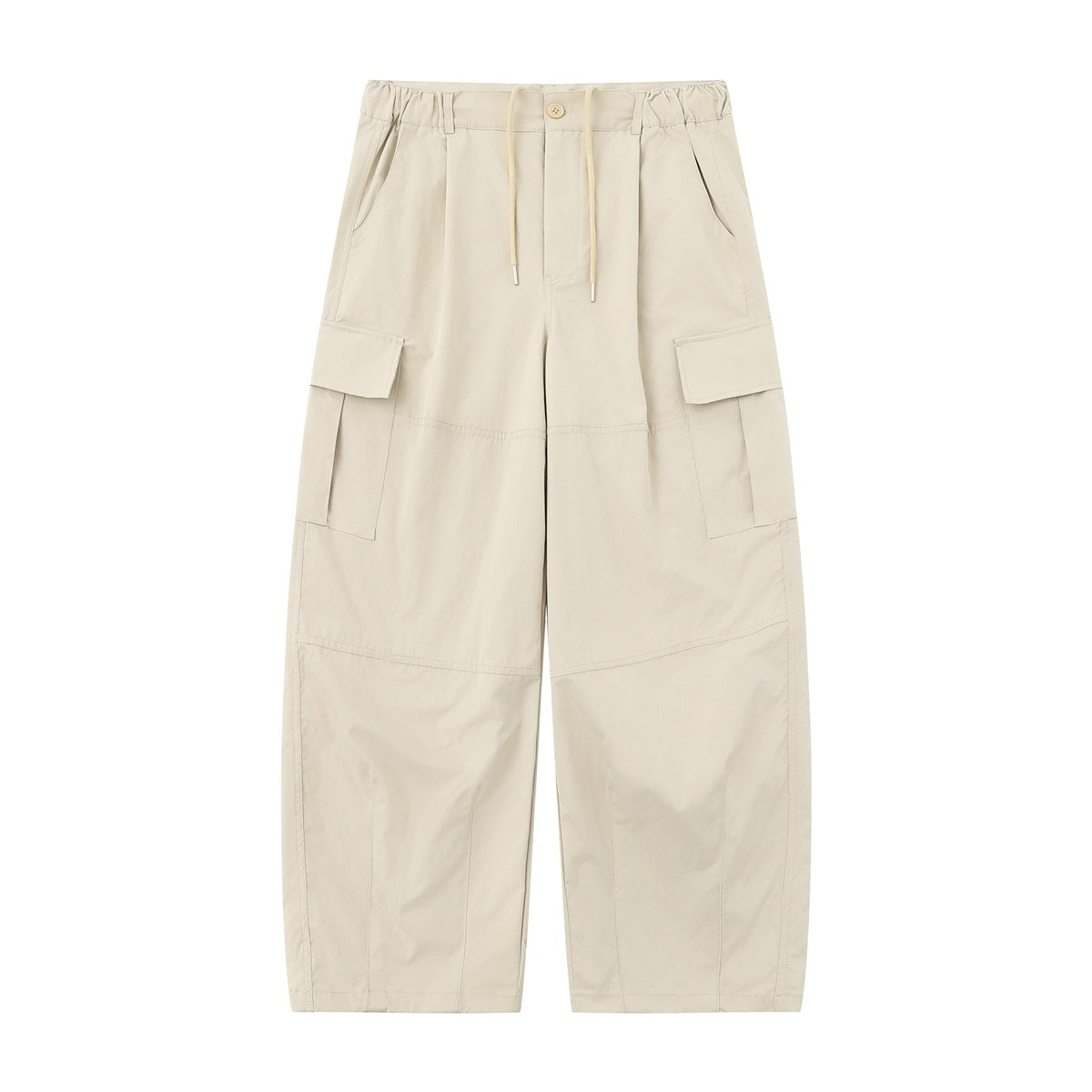 Light apricot beige wide-leg cargo pants with drawstring waist and flap cargo pockets, flat lay front view