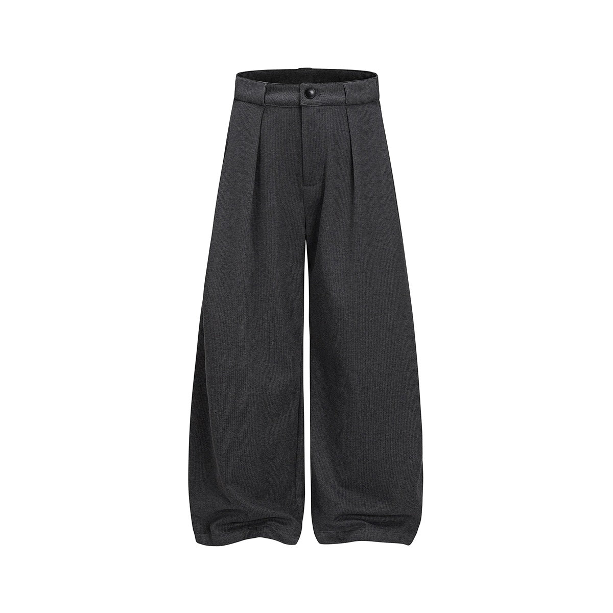 Dark gray wide-leg pleated trousers with button waistband, flat lay front view